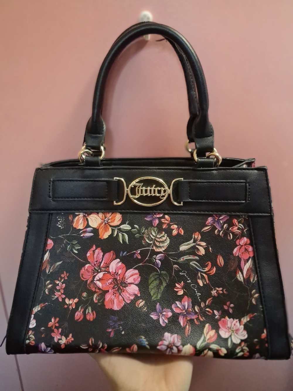 Juicy Couture Black Floral Top-Handle Satchel with Gold Hardware